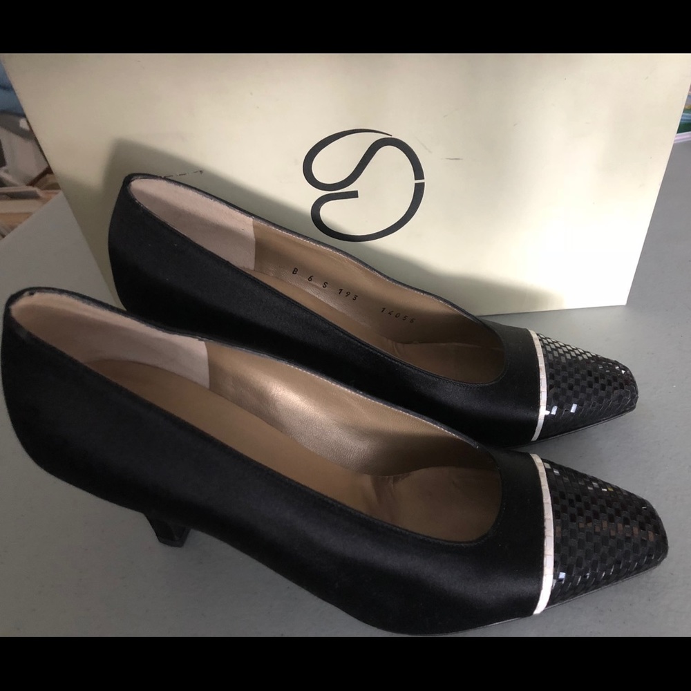 St John black satin heels w sequin toes